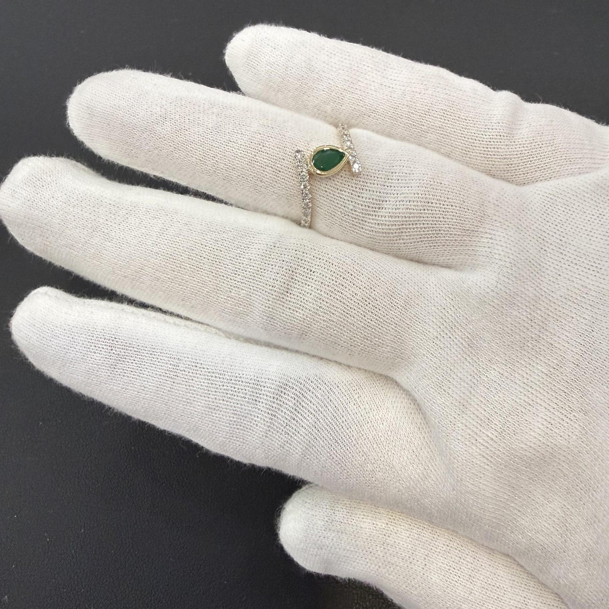 Natural Emerald Pear & Diamond Bypass Ring 14K Yellow Gold