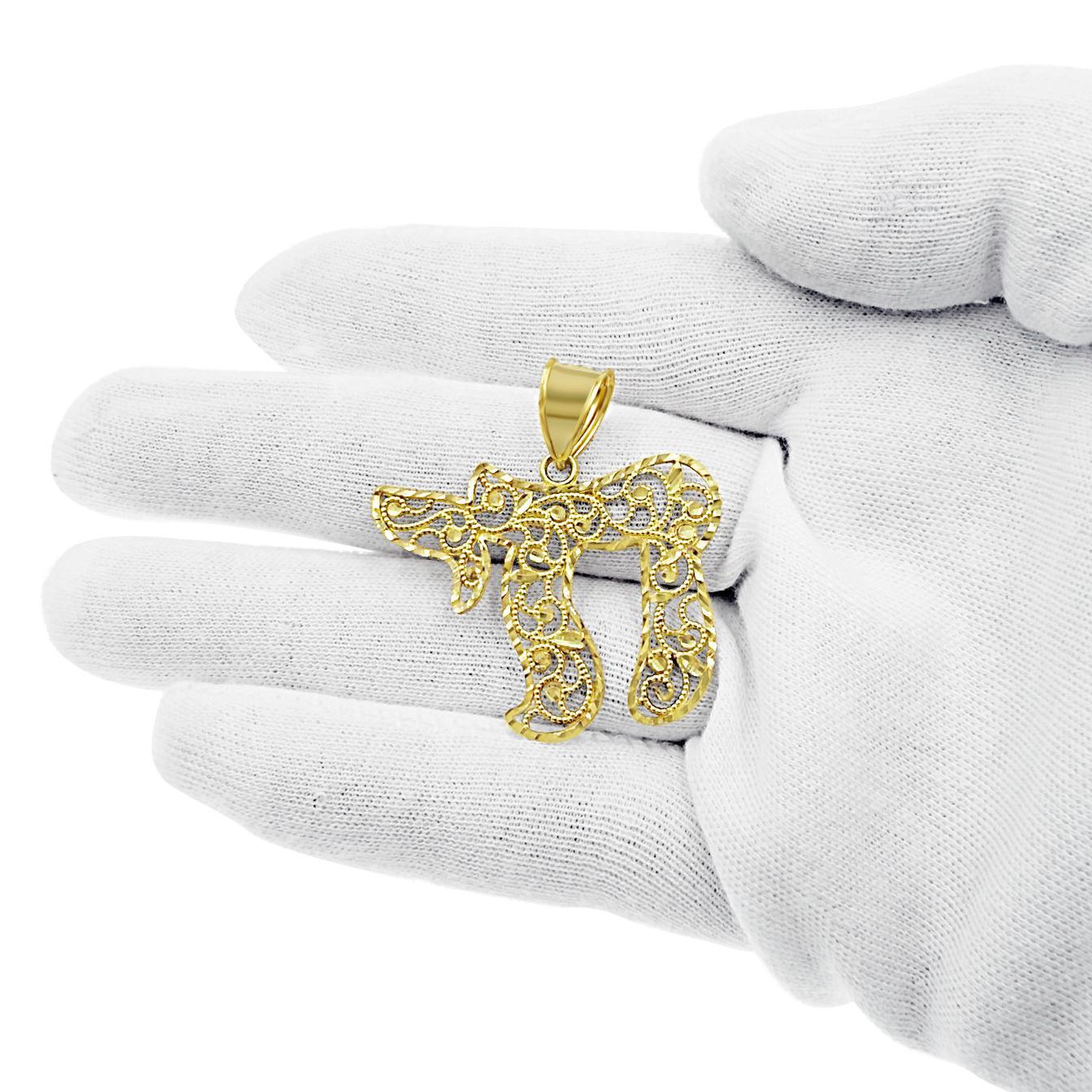 10K Yellow Gold Filigree Chai Pendant Jewish Symbol Charm