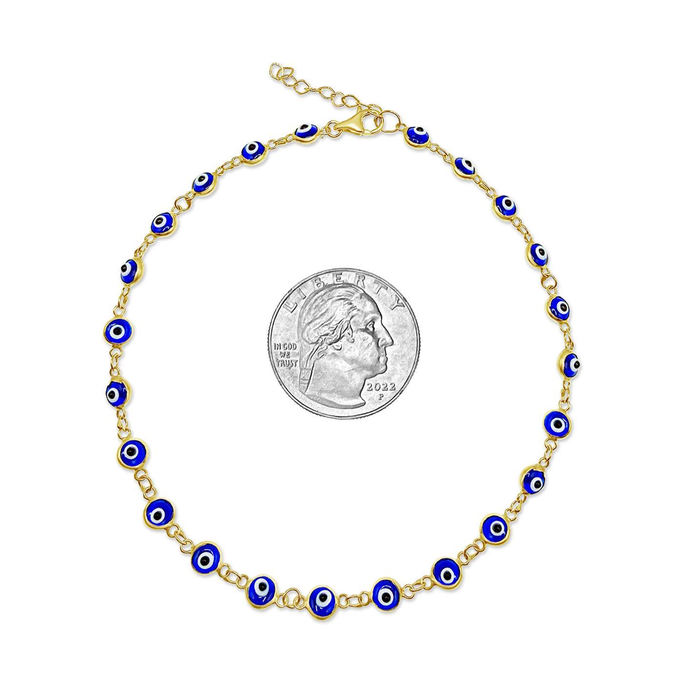 10K Yellow Gold Blue Evil Eye Anklet Adjustable