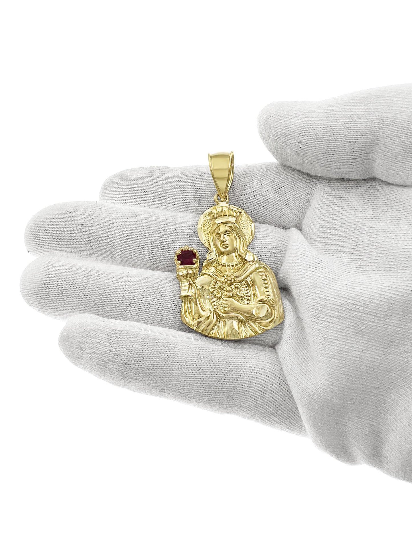 Saint Barbara Simulated Ruby Pendant Charm 10k Yellow Gold 2.1 inch Mens