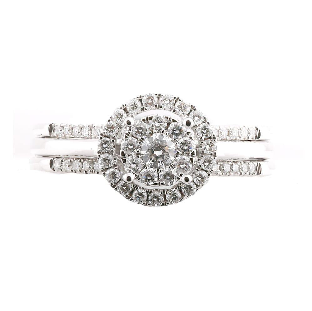 0.50ctw Diamond Cluster Halo Bridal Ring Set of 3 14K White Gold