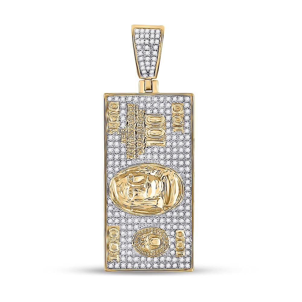 Diamond Hundred Bill Money Charm Pendant 10kt Yellow Gold Mens 5/8 Cttw