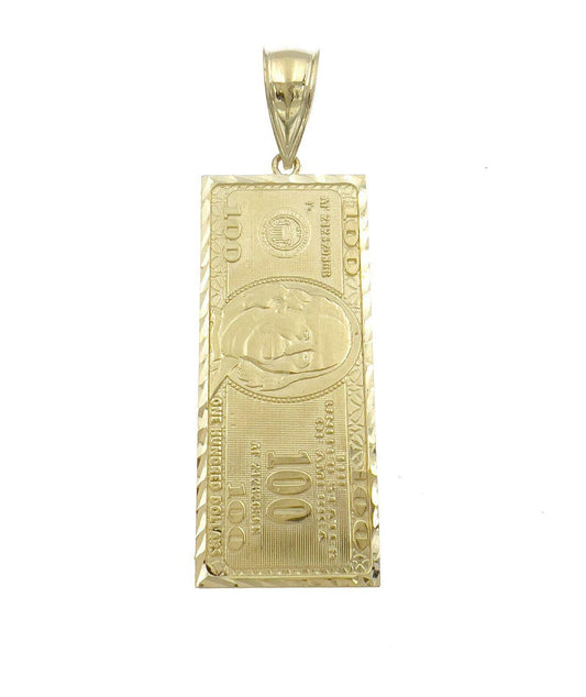 Money Bill $100 Dollar Solid Pendant 10k Yellow Gold Men Charm 2.6"