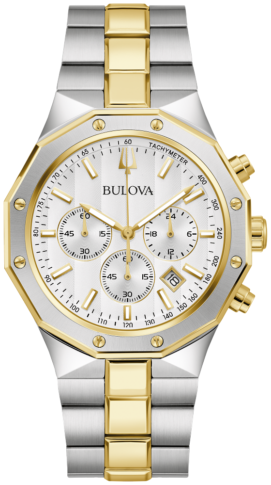 Bulova Prestige Chrono Dodecagon Silver & White Striped Dial Mens Watch 98B450
