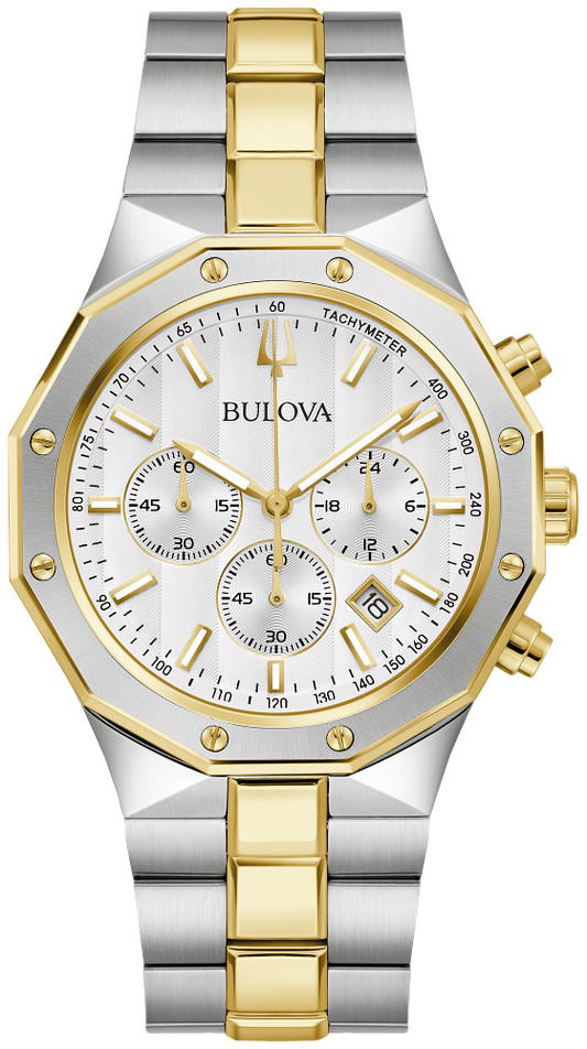Bulova Prestige Chrono Dodecagon Silver & White Striped Dial Mens Watch 98B450