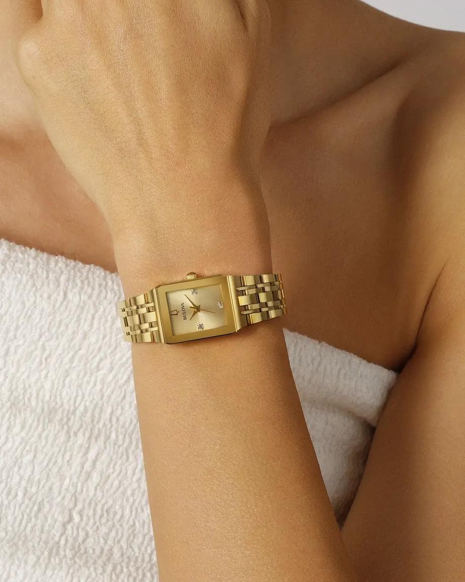 Bulova Quadra Diamond Gold Tone Womens Watch 97P140