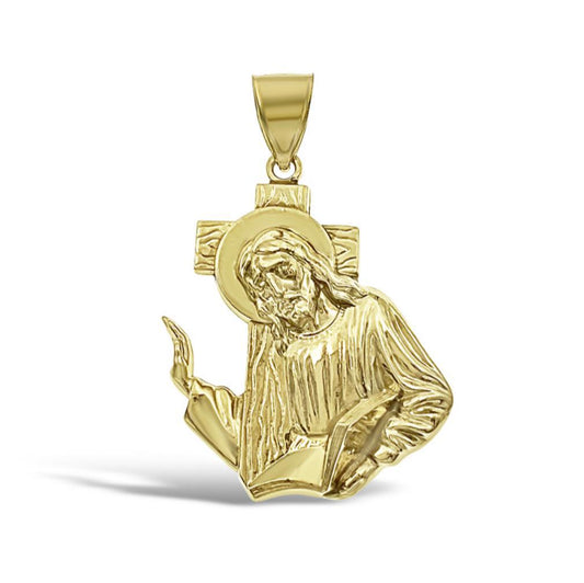 Jesus Head Cross Bible Pendant Real 10k Gold Charm 1.5"