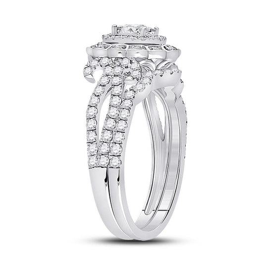 0.99 Ctw Round Diamond Halo Bridal Wedding Ring Set Band 14k White Gold