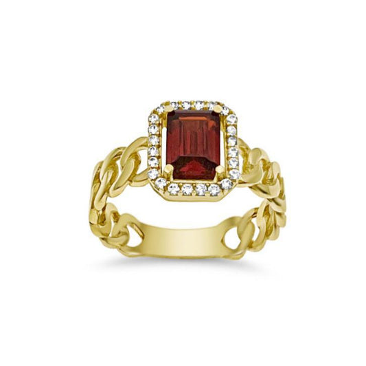 14K Yellow Gold Red Emerald Cut Halo Cuban Link Ring