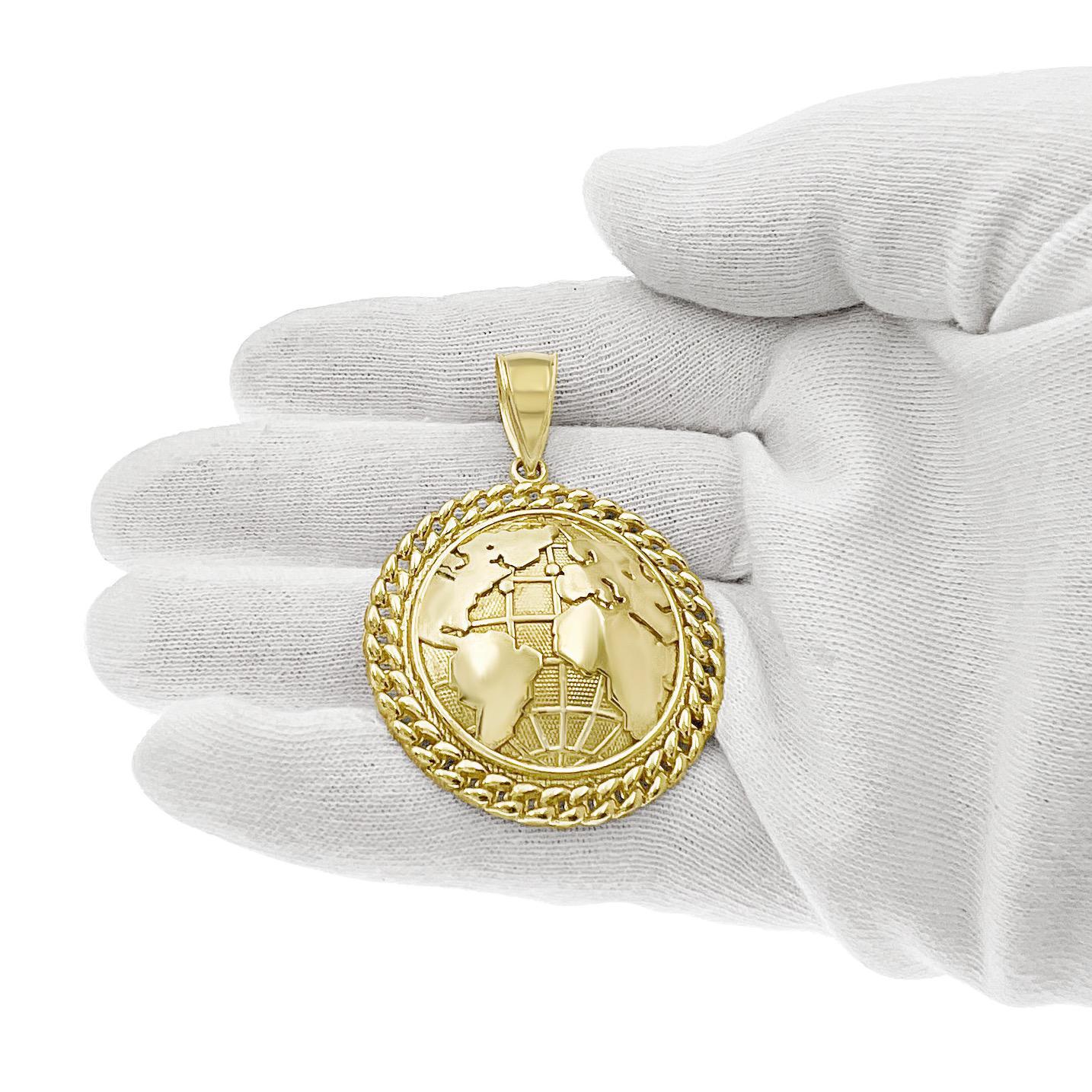 Globe Earth Pendant Mens Charm 10k Yellow Gold 1.5 inch