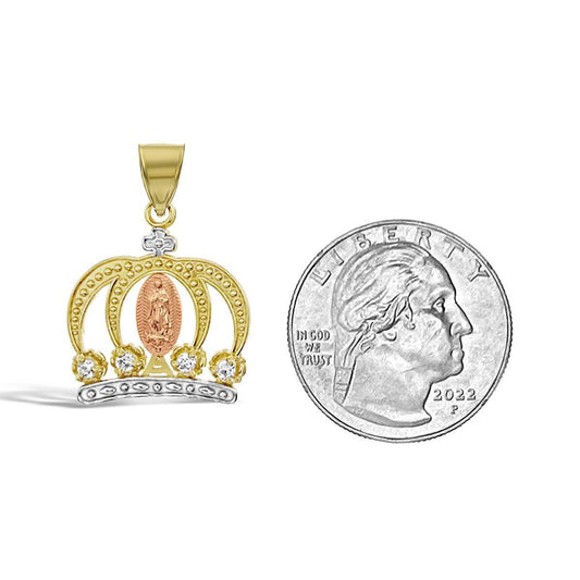 14K Tri Color Gold Virgin Mary Crown Pendant