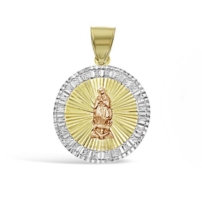14K Tri Color Gold Virgin Mary Round Pendant