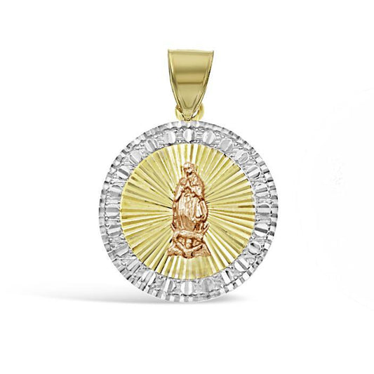 14K Tri Color Gold Virgin Mary Round Pendant