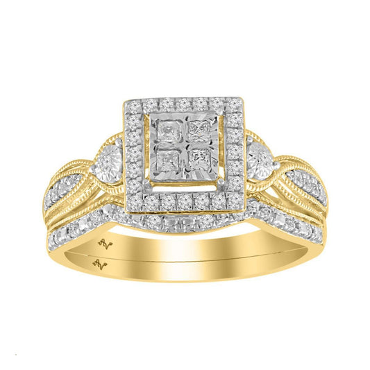 0.33ctw Princess Diamond Square Cluster Wedding Bridal Ring Set 10k Yellow Gold