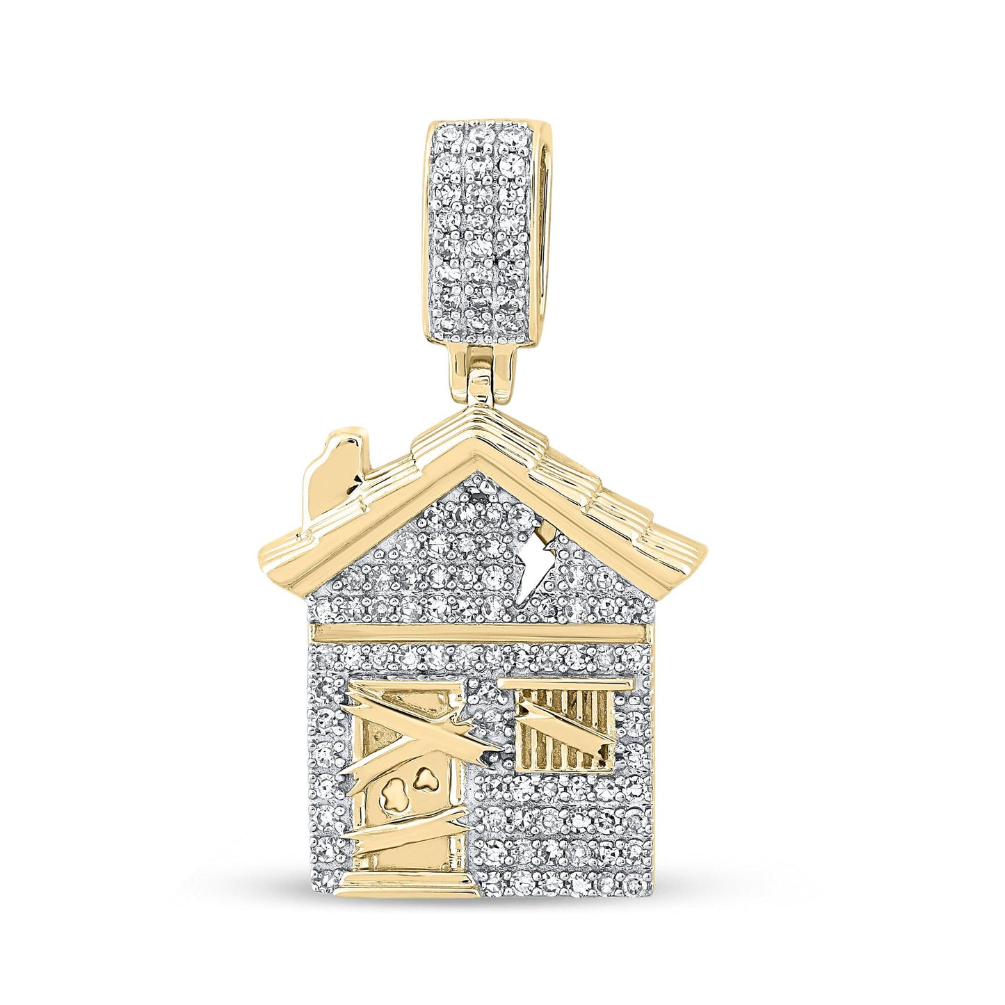 0.50 Ctw Diamond Trap House Mens Pendant Charm 10k Yellow Gold