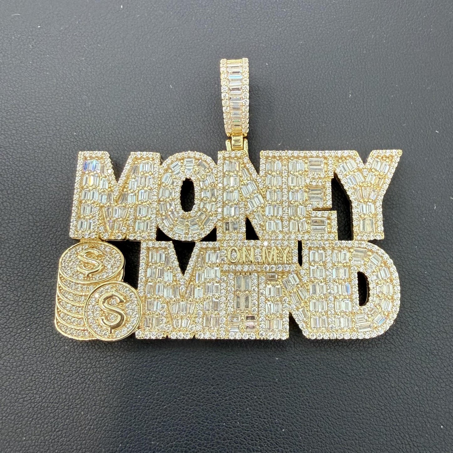 Money On My Mind Pendant Gold Plated 925 Sterling Silver Iced Out Baguette CZ