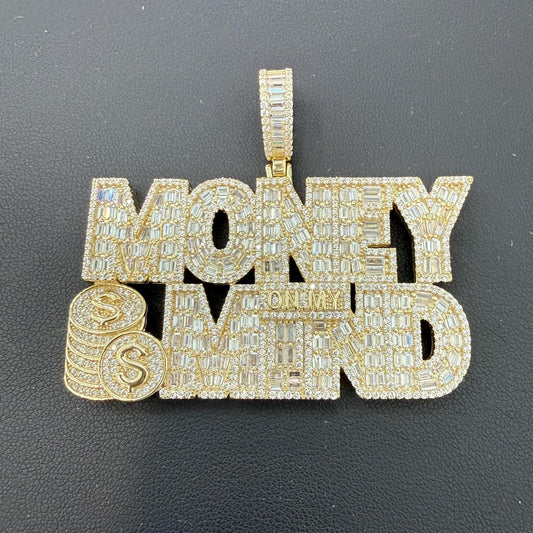 Money On My Mind Pendant Gold Plated 925 Sterling Silver Iced Out Baguette CZ