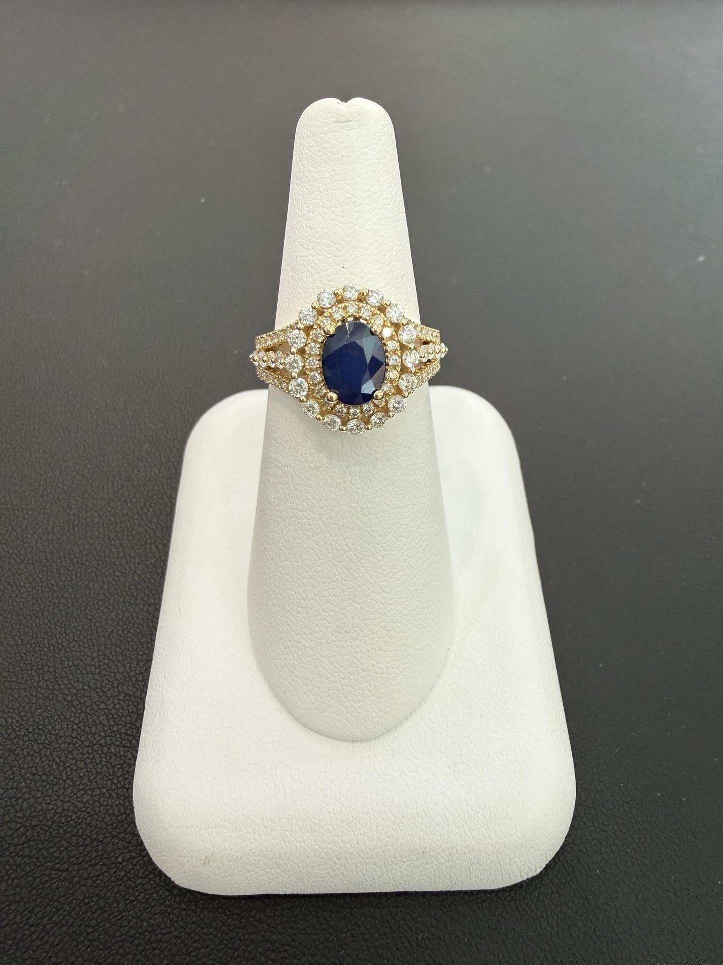 Oval Blue Sapphire & Diamond Halo Ring 14K Yellow Gold