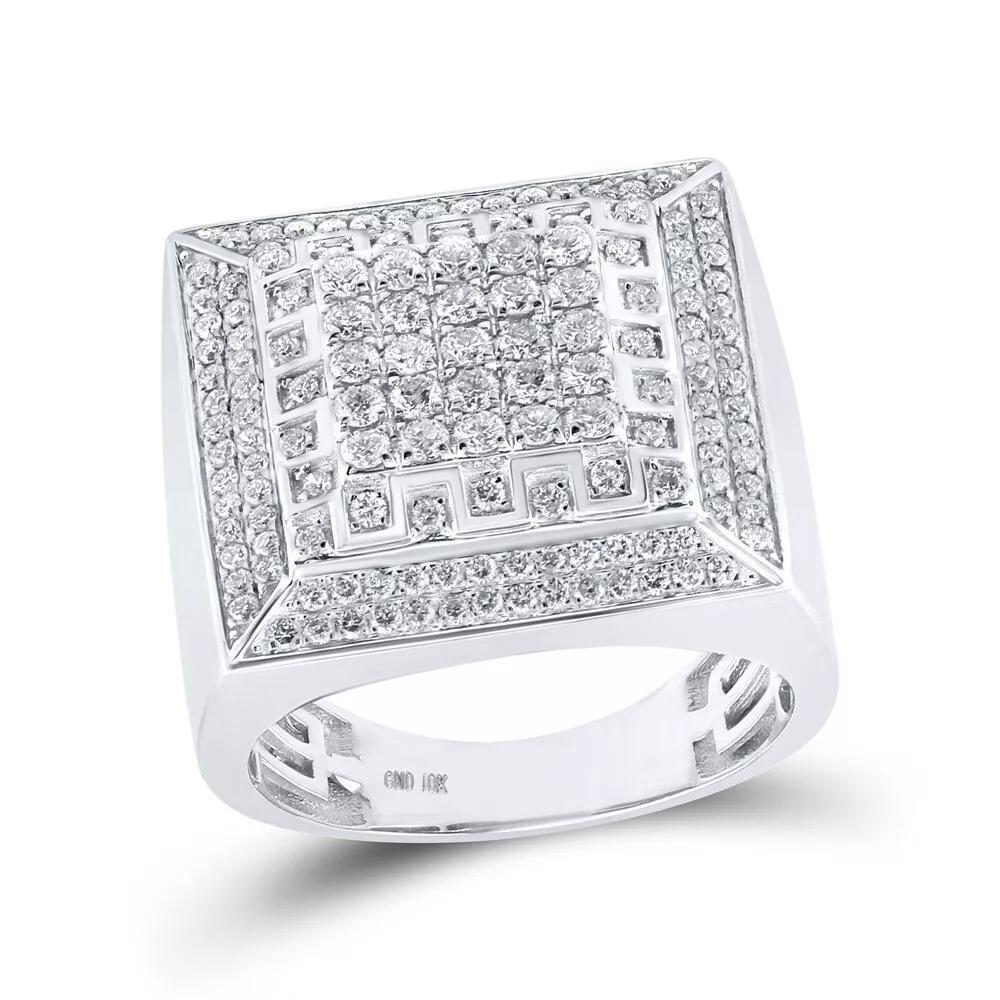 1.75ctw Diamond Square Cluster Mens Signet Ring 10K White Gold Statement Band
