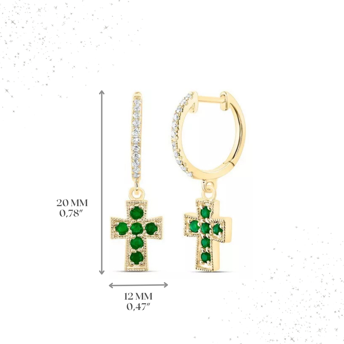Natural Green Emerald & Diamond Cross Hoop Dangle Drop Earrings 14k Yellow Gold
