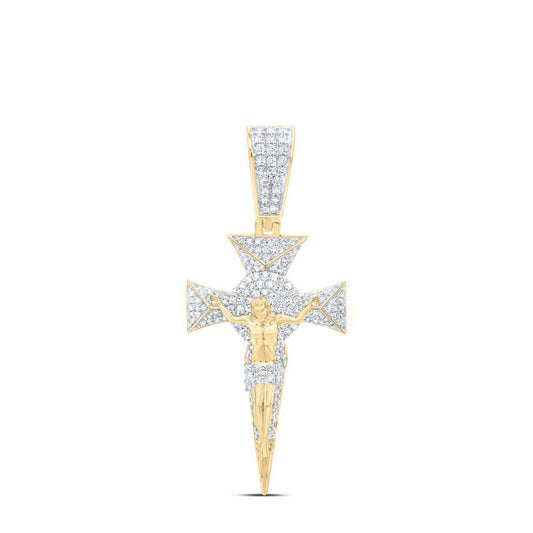 1 Cttw Round Diamond Jesus Crucifix Cross Pendant Mens Charm 10k Yellow Gold