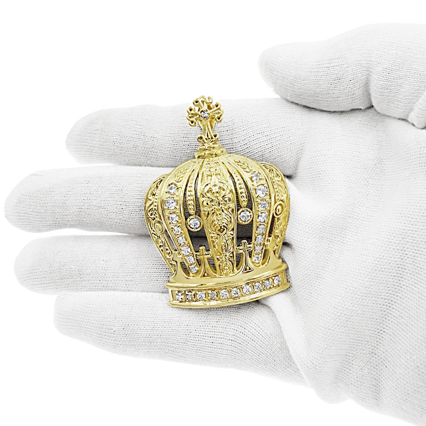 10K Yellow Gold Large Crown CZ Pendant Charm 2.1 inch