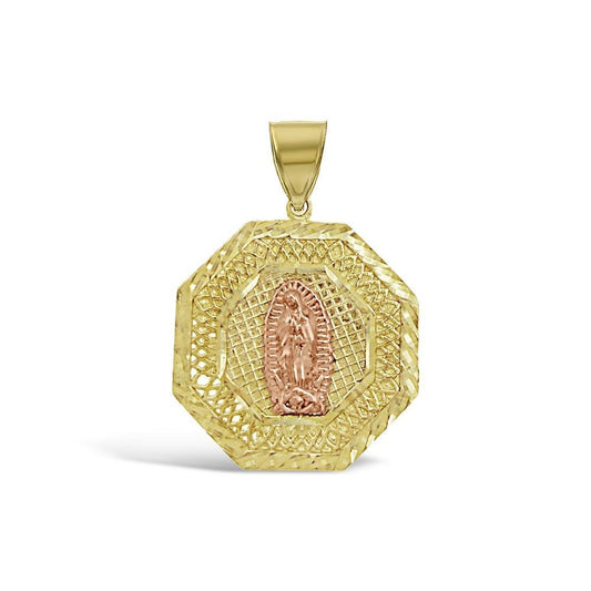 Pendant 10K Two tone Gold Octagon Charm Religious 1.5"