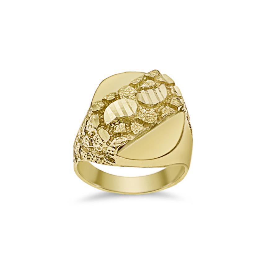 10K Yellow Gold Mens Nugget Signet Ring Pinky Oval Textured Statement Band