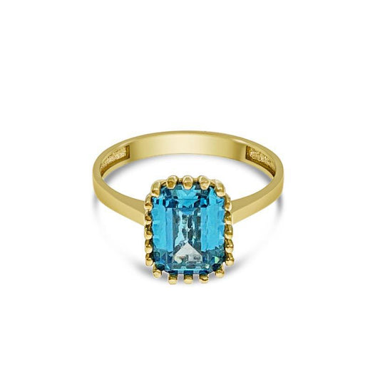 14K Yellow Gold Blue Emerald Cut Solitaire Ring