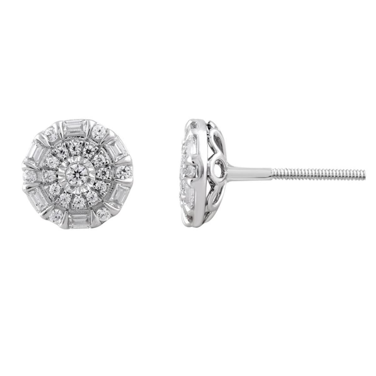 0.33cttw Diamond Round / Baguette Stud Earrings 10k White Gold Screw back