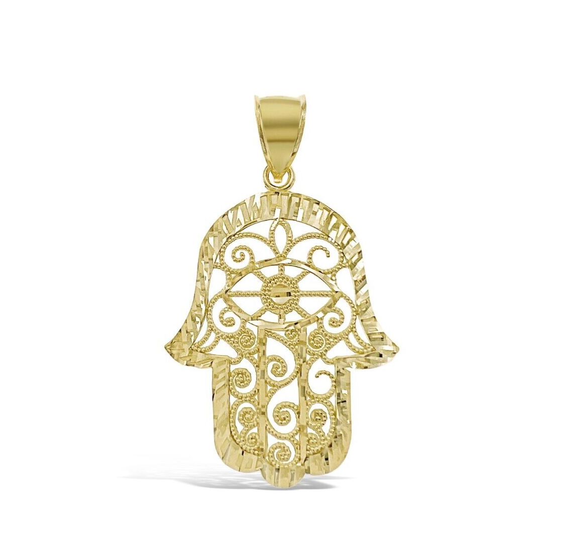 Hamsa Fatima Hand Pendant Real 10k Gold Charm 1.6"