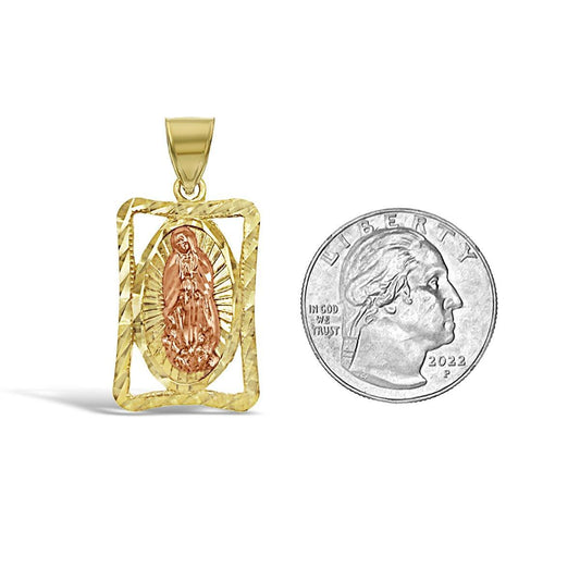 10K Two tone Gold Rectangle Religious Lady of Guadalupe Pendant 1.4 in