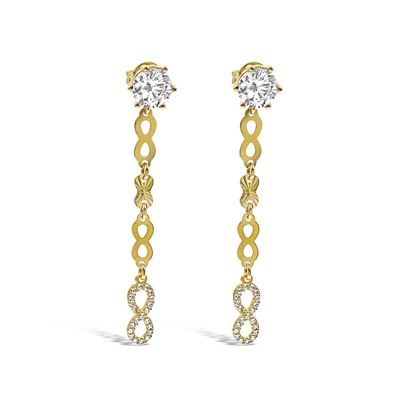 Infinity Drop Dangle Earrings Real 14k Yellow Gold Stud CZ