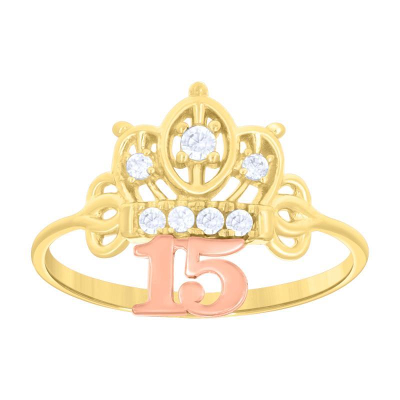14K Two tone Gold 15 Crown Ring CZ Womens