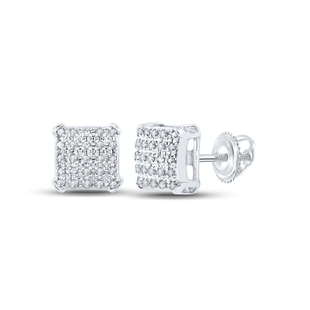 Diamond Square Stud Mens Earrings 10K White Gold Screw Back
