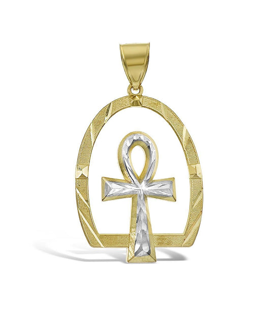 Egyptian Ankh Cross Pendant 10k Yellow Gold Men Charm 2"