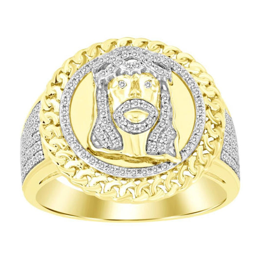 0.50cttw Diamond Jesus Head Mens Ring 10k Yellow Gold