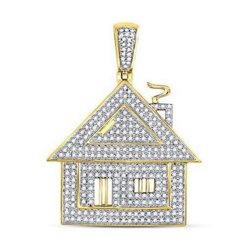 0.75 Cttw Diamond Trap House Mens Pendant Charm 10k Yellow Gold