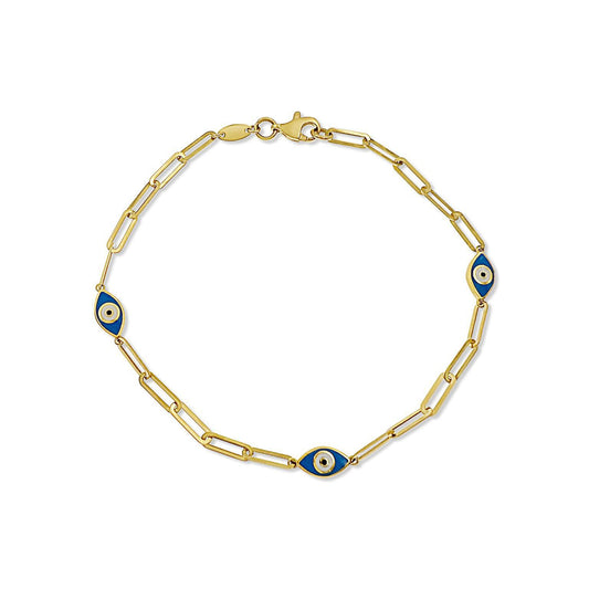 14k Gold Paperclip Chain Bracelet Charm Evil Eye Protection 7.5 inch