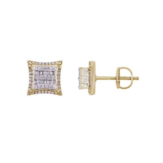 Diamond Round /Baguette Stud Square Earrings 10k Yellow Gold 0.25cttw