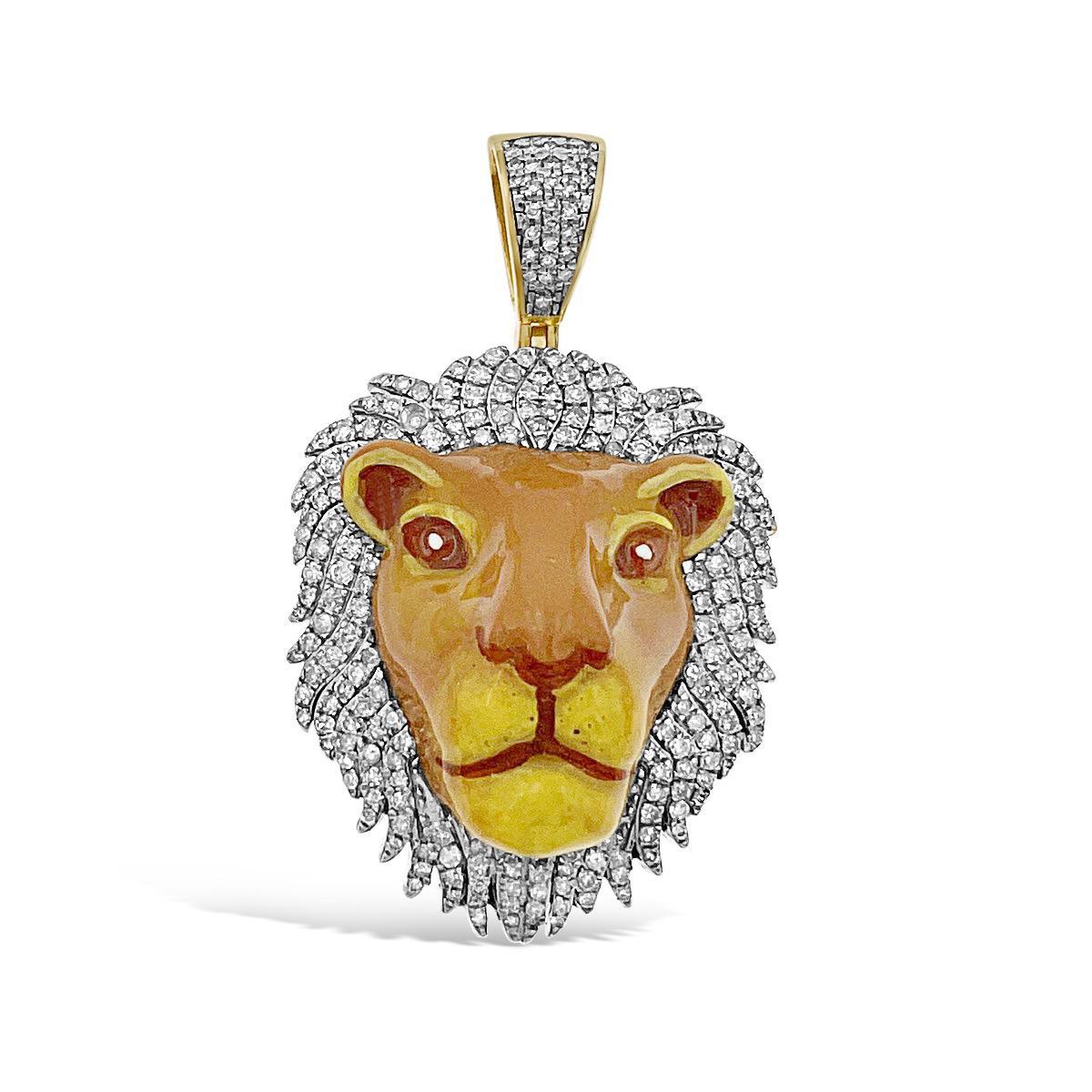 Diamond Lion Face Pendant Charm 1.0ctw  10k Yellow Gold