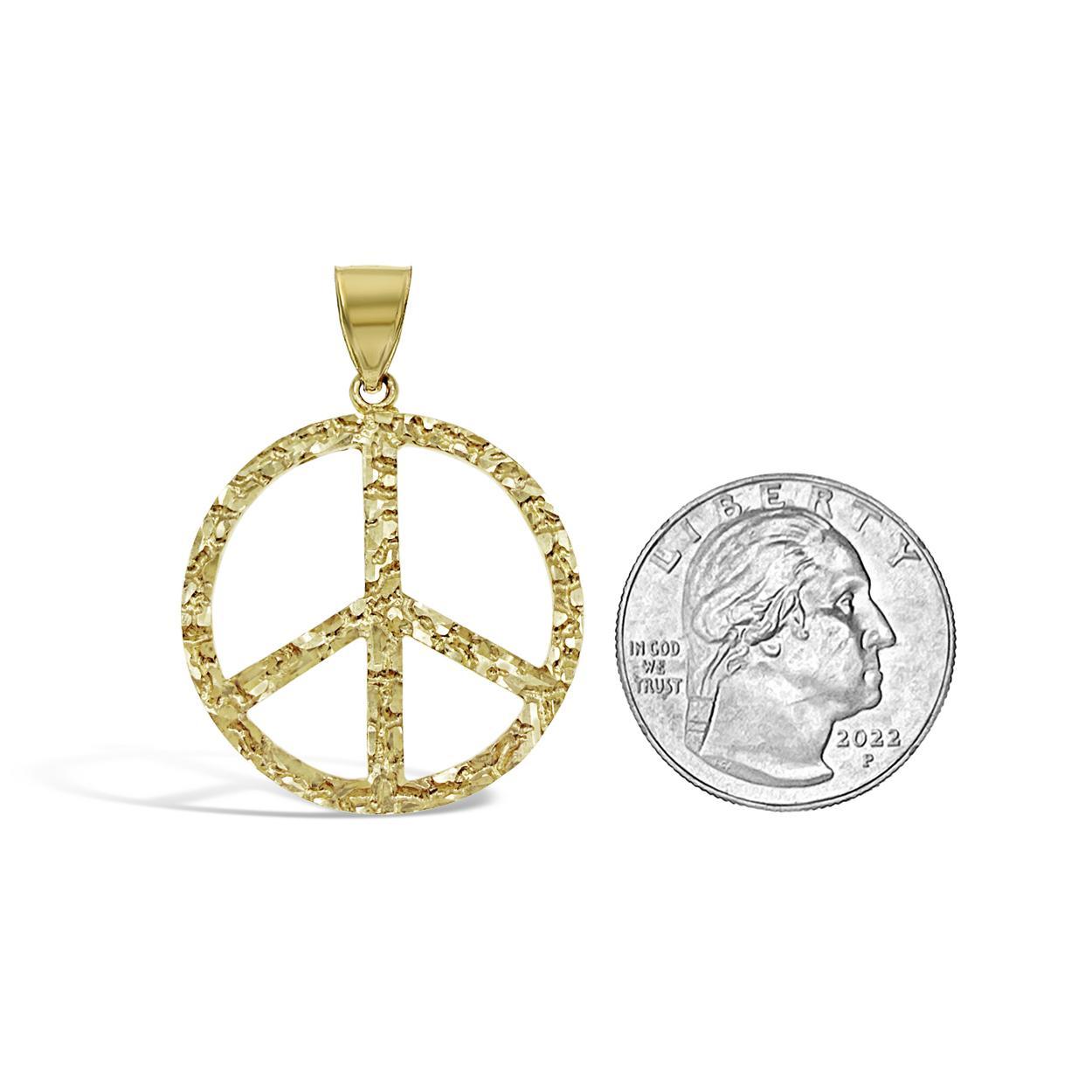 10K Yellow Gold Round Charm Friendship Pacifism Pendant 1.5 in