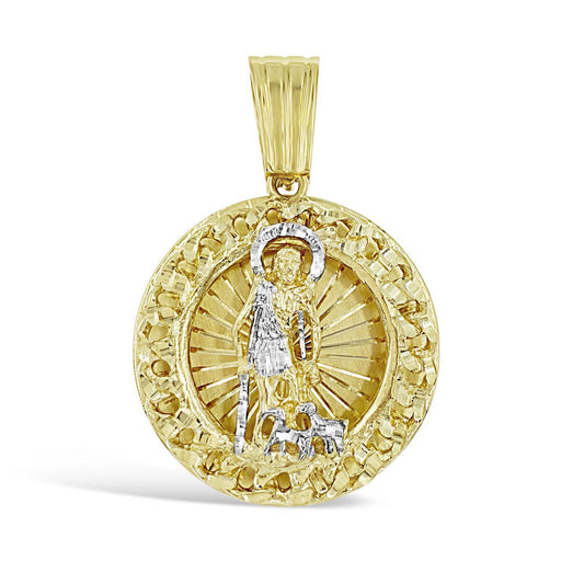 Saint Lazarus Pendant Medallion 10k Two Tone Gold Charm 2.4 inch