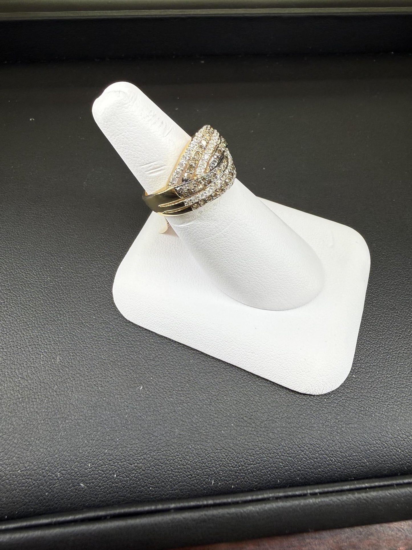 1ctw Diamond Multi Row Crossover Ring 10K Yellow Gold