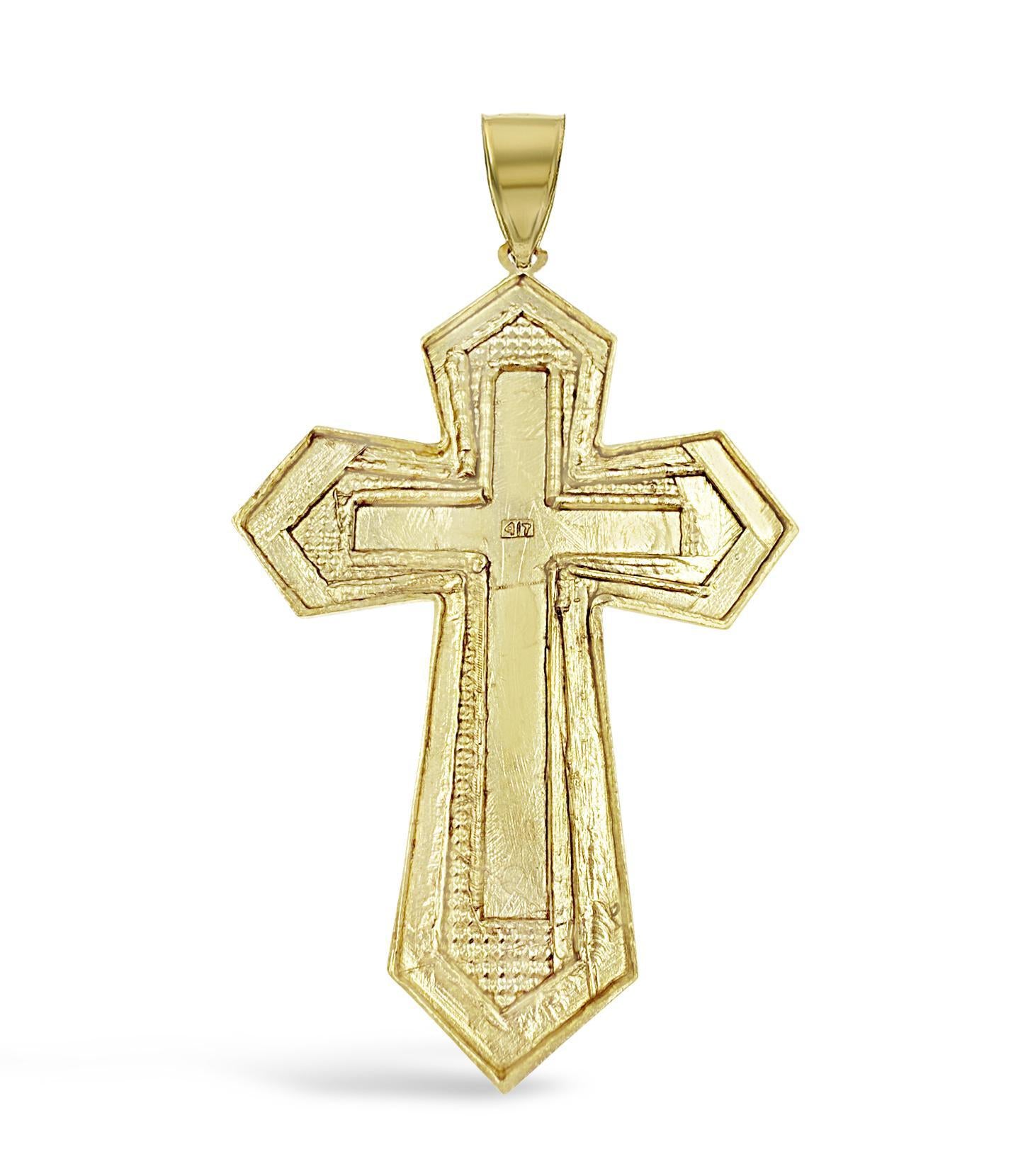 10K Yellow Gold Large Mens Cross Pendant Textured Charm 3.2 Inch