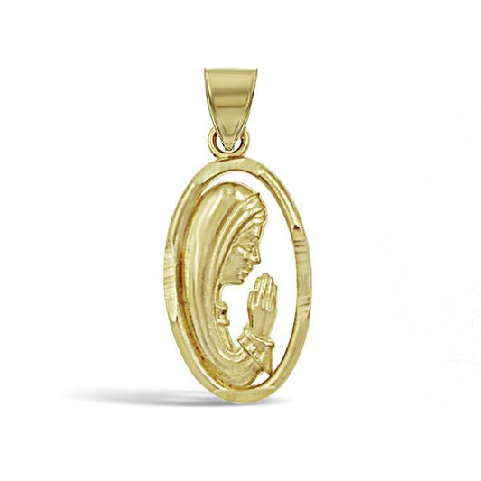 14K Yellow Gold Our Lady of Guadalupe Pendant Virgin Mary Praying Oval Charm