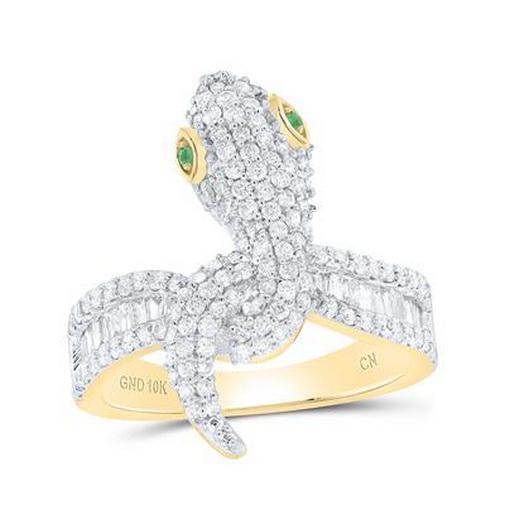 1.00ctw Diamond Snake Ring Emerald Eyes 14K Yellow Gold