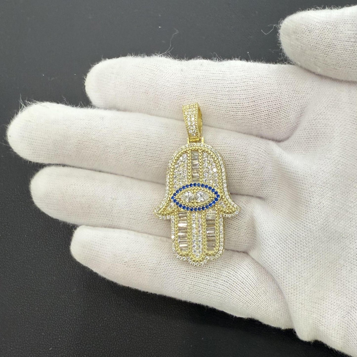 Hamsa Hand 925 Sterling Silver Gold Plated CZ Evil Eye Protection Pendant Charm