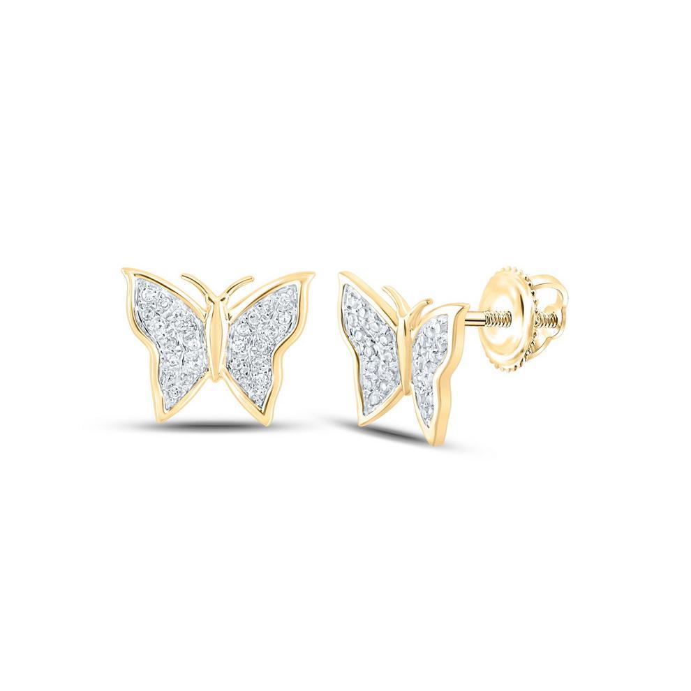 Diamond Butterfly Stud Earrings 10K Yellow Gold Screw Back