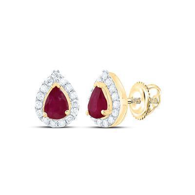 Natural Pear Ruby & Diamond Teardrop Stud Earrings 14k Yellow Gold
